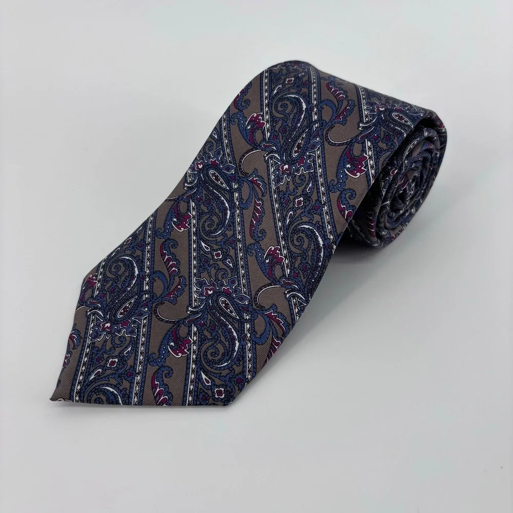 Christian Dior Vintage Silk Paisley Foulard Necktie Mens OS Brown Blue Italian